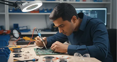 A trainee assembling a circuit board during a vocational skilling session